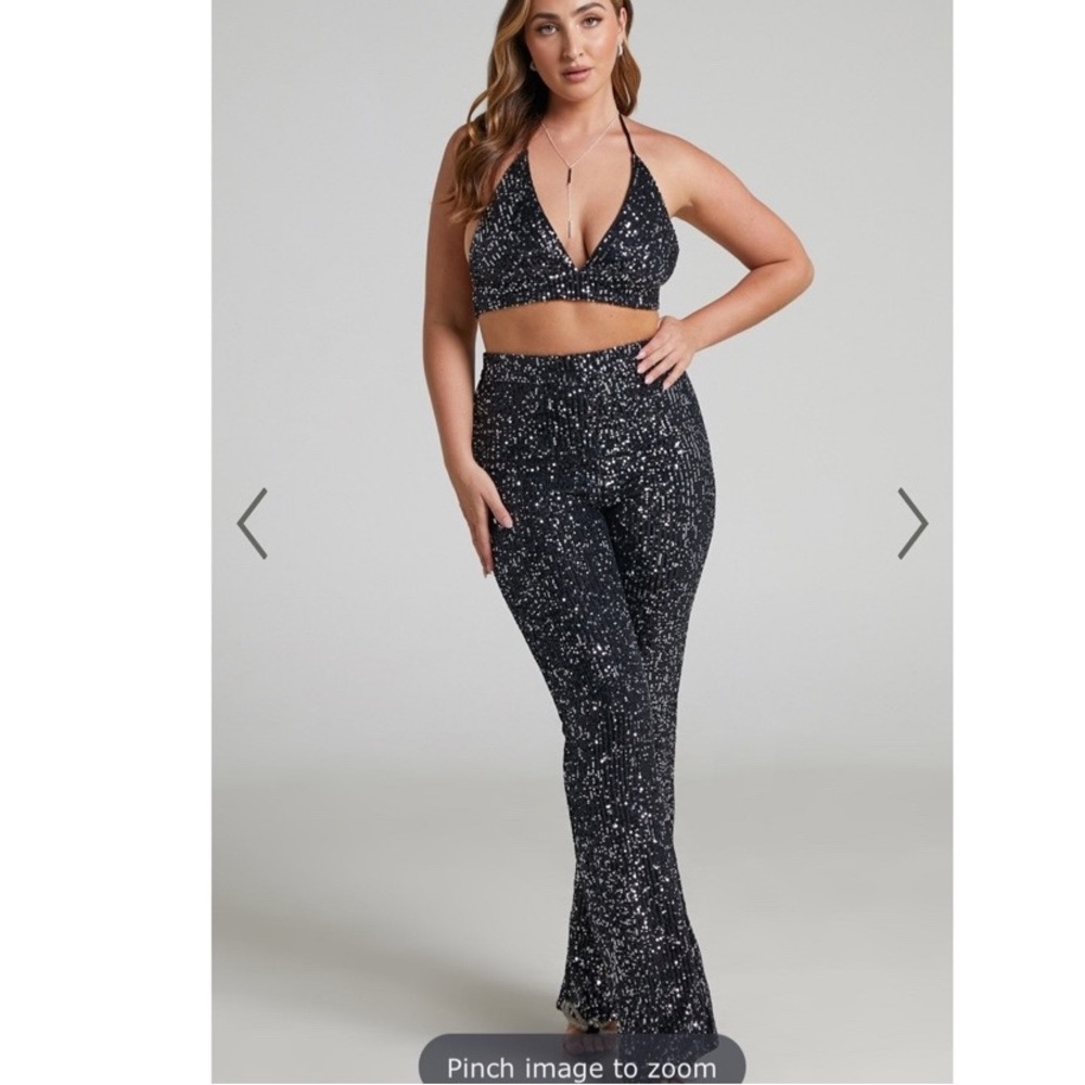 Showpo CHARITO BRA AND FLARE PANT SET IN SEQUIN IN BLACK/SILVER